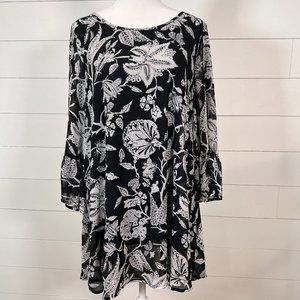 Blu Pepper Sheer Black and White Floral Smock Dress w/ Ruffled Sleeve Size M
